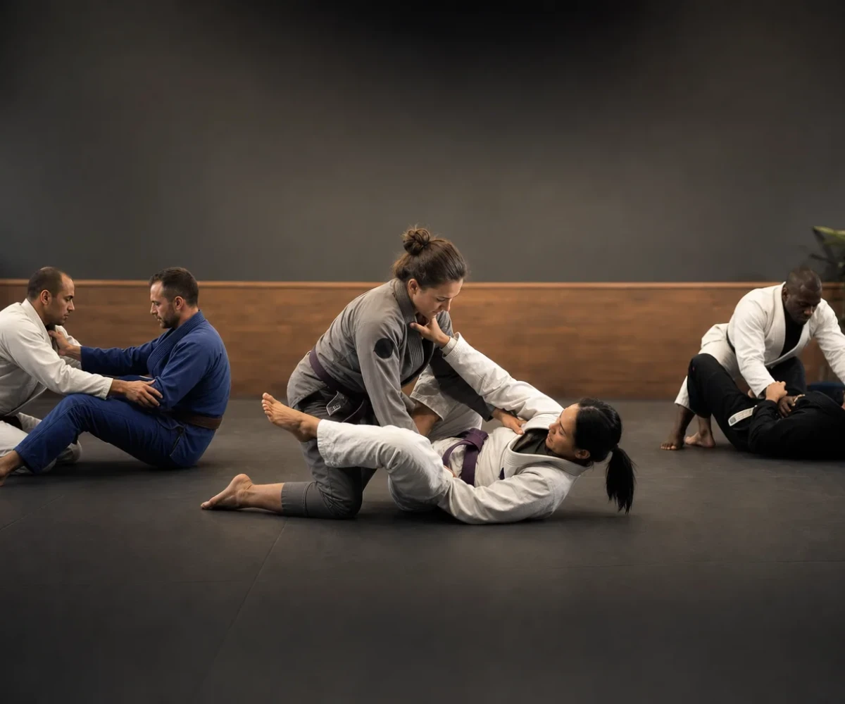 A black belt coaching adult students through a drill at Ancaster Jiu-Jitsu